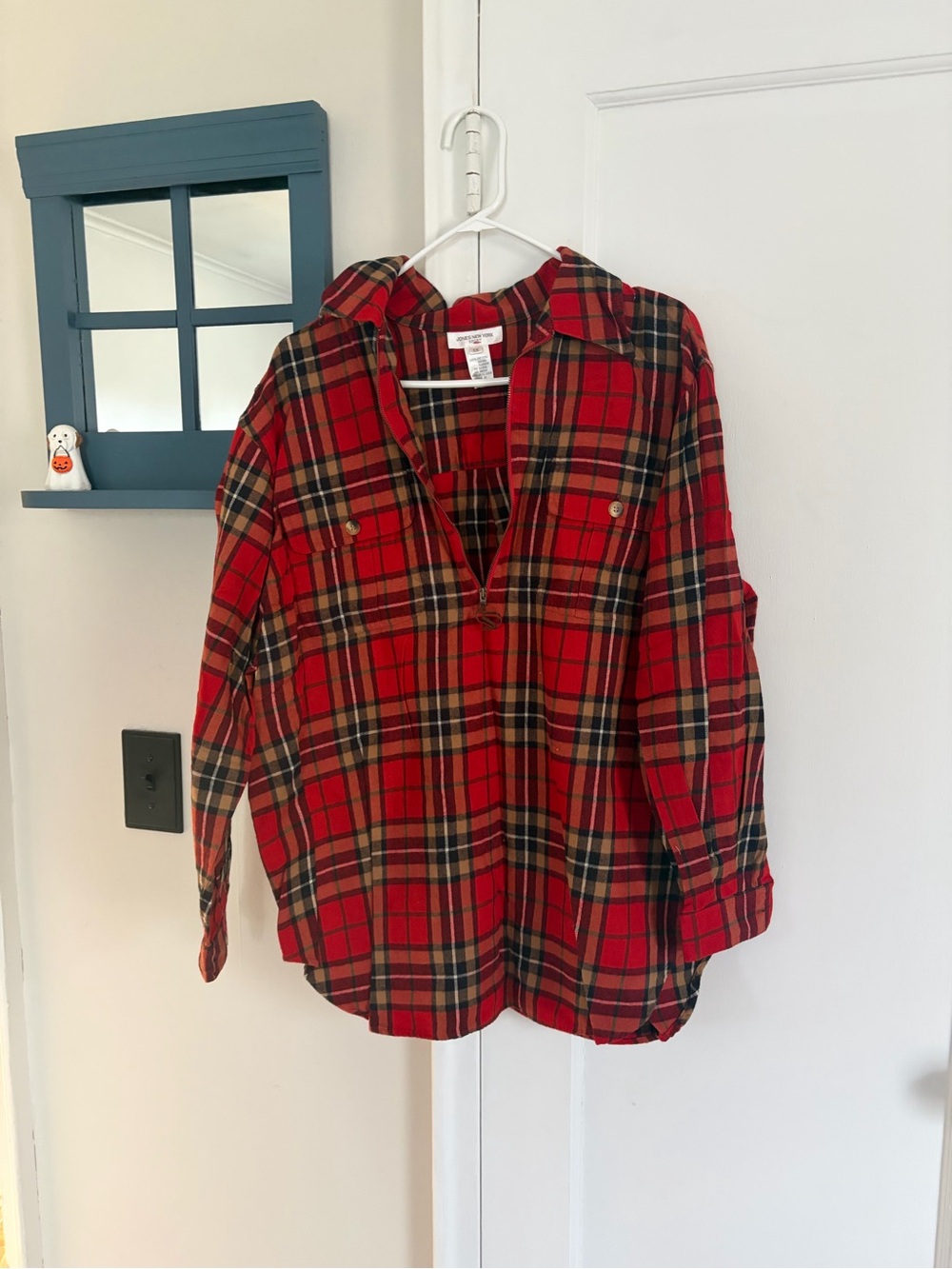 Jones New York Women’s Red Plaid Button-Front pull over 1/4 zip flannel shirt